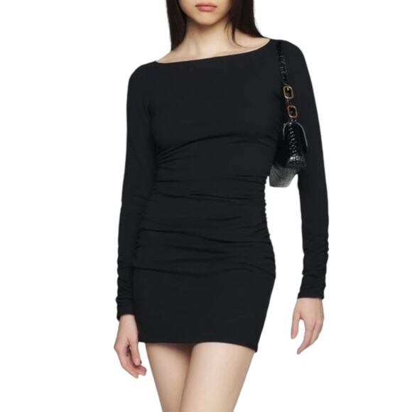 Reformation Lucio Knit Dress Slim Fit Ruched Long Sleeve Party Mini Black Small - Picture 1 of 9